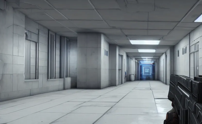 Image similar to screenshot of a first person shooter game on unreal engine 5, narrow modern hallways of a government office facility with white dry wall, photorealistic, retrofuturism, concept art, trending on artstation