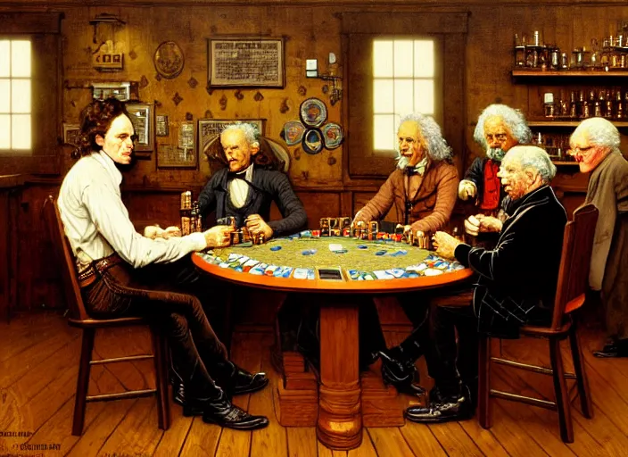 Image similar to isaac newton and stephen hawkins and albert einstein playing poker in an old west saloon, intricate, highly detailed, centered, digital painting, artstation, concept art, smooth, sharp focus, illustration, art by james gurney and norman rockwell and greg rutkowski