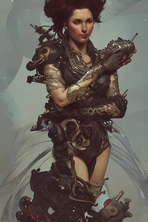 Image similar to A full portrait of a space pirate, intricate, elegant, highly detailed, digital painting, artstation, concept art, smooth, sharp focus, illustration, art by Krenz Cushart and Artem Demura and alphonse mucha