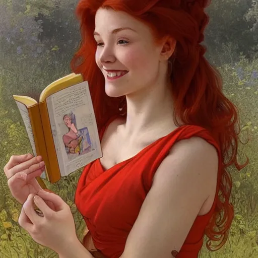 Image similar to a smiling beautiful woman with red hair in a bun wearing a yellow dress and reading a book, masterpiece, intricate, elegant, highly detailed, digital painting, artstation, concept art, smooth, sharp focus, illustration, art by artgerm and greg rutkowski and alphonse mucha and uang guangjian and gil elvgren and sachin teng, symmetry!!