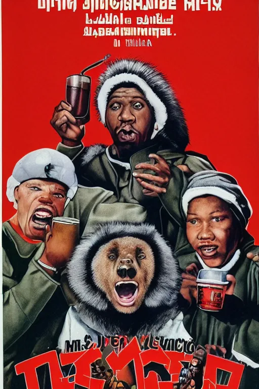 Image similar to poster the movie 1 9 8 8 ussr don't be a menace to south central while drinking your juice in the hood, perfect symmetrical eye, gray fur hat soviet soviet russian winter fur cap with earflaps ushanka, bottle of vodka, bears, kremlin babushka communist criminal