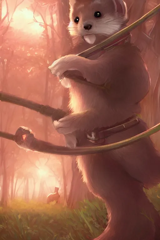 Prompt: a medieval anthropomorphic ferret archer with a fluffy tail in a forest, backlighting, trending on artstation, furry art, by kawacy, warm lighting, digital art