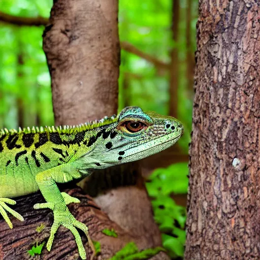 Image similar to camo wearing anthro lizard, photograph captured in the woods