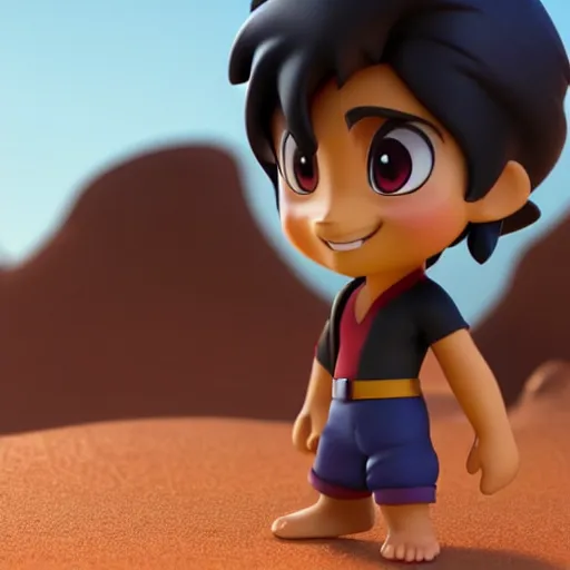 Image similar to profile view of young heroic aladdin as nendoroid walking in a desert in the croods movie style, anime, disney, pixar, 8 k, hd, dof, kodak film, volumetric lighting, subsurface scattering, photorealistic, octane render, details