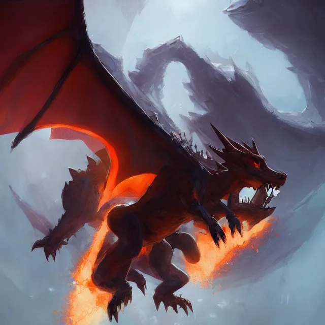 Image similar to a painting of charizard by greg rutkowski, dark fantasy art, high detail, trending on artstation