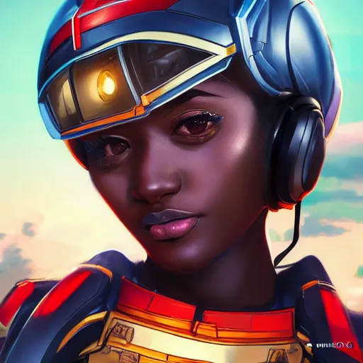 Image similar to portrait cartoon manga anime render of a strikingly gorgeous nigerian 👩🏿, wearing an intricate gundam pilot helmet, rossdraws, artgerm, norman rockwell, emiliano ponzi, epic composition, hd, octane, unreal engine, volumetric lighting, light rays, masterpiece, award - winning