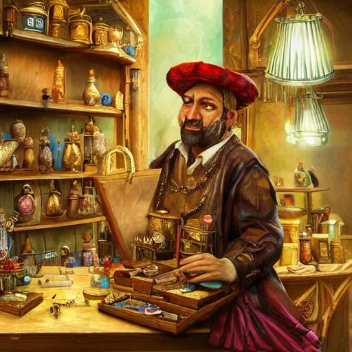 Prompt: A Anthropomorphized parrot trader in his shop, selling his wares, portrait, items, gold, carpet, window, sly expression, cunning expression, presenting wares, holding a gold bag, D&D, fantasy, intricate, cinematic lighting, highly detailed, digital painting, artstation, concept art, smooth, sharp focus, illustration, warm light, magic the gathering artwork, art by Akihiko Yoshida, Greg Rutkowski