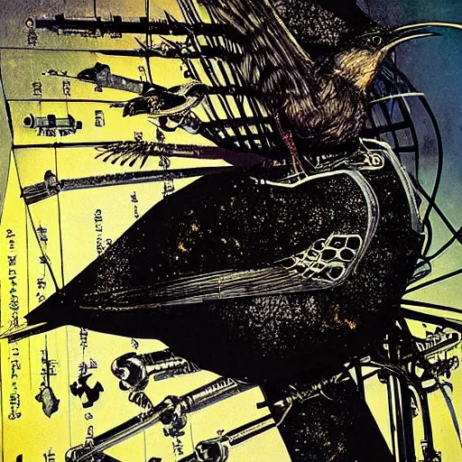 Image similar to a mechanical ( wren bird ) wanders between the cybernetic neonpunk realms of urban science and social science, collage artwork by dave mckean and ivan shishkin and yoshitaka amano