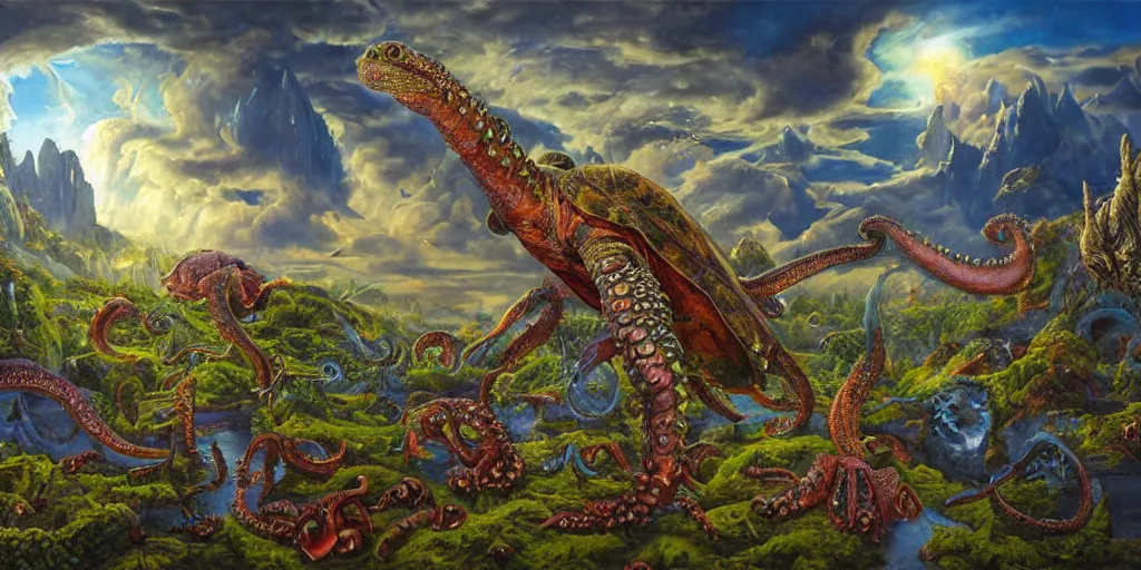 Image similar to fantasy oil painting, great leviathan, cybernetic turtle cephalopod terrapin reptilian pachyderm squid, bella hadid, hybrid, milla jovovich, anubis, epic natural light, lush plants flowers, spectacular mountains, bright clouds, luminous sky, outer worlds, golden hour, michael cheval, edward hopper, michael whelan, vray, hd