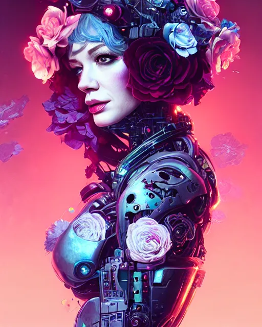 Image similar to portrait of christina hendricks with roses, cyberpunk cyborg. roses, sci - fi, intricate abstract upper body intricate artwork, by tooth wu, wlop, beeple, dan mumford. concept art, octane render, deviantart, greg rutkowski, cinematic arthouse, key art, hyper realism, iridescent accents