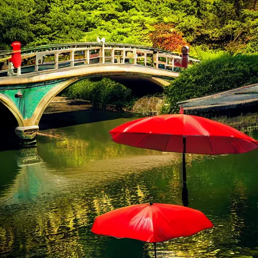 Image similar to in background arched bridge over river, red umbrella floats in water in foreground, hyper detailed, national geographic photo