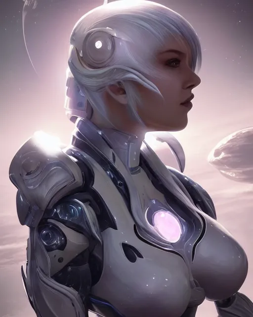 Image similar to photo of a beautiful girl on a mothership, android, warframe armor, pretty face, scifi, futuristic, galaxy, raytracing, dreamy, perfect, aura of light, pure, white hair, blue cyborg eyes, glow, insanely detailed, artstation, innocent look, art by gauthier leblanc, kazuya takahashi, huifeng huang