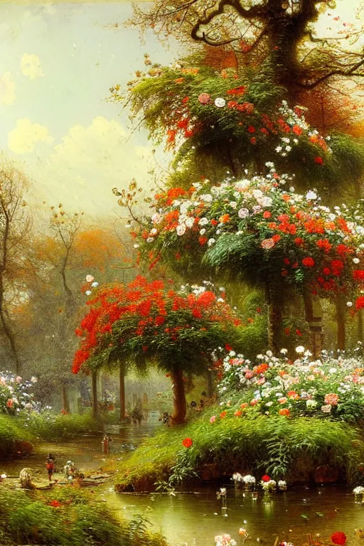 Prompt: detailed painting of a modern marble botanical sanctuary, flowers and plants blooming, trees, autumn, spring, winter, summer, filigree ornaments, andreas achenbach