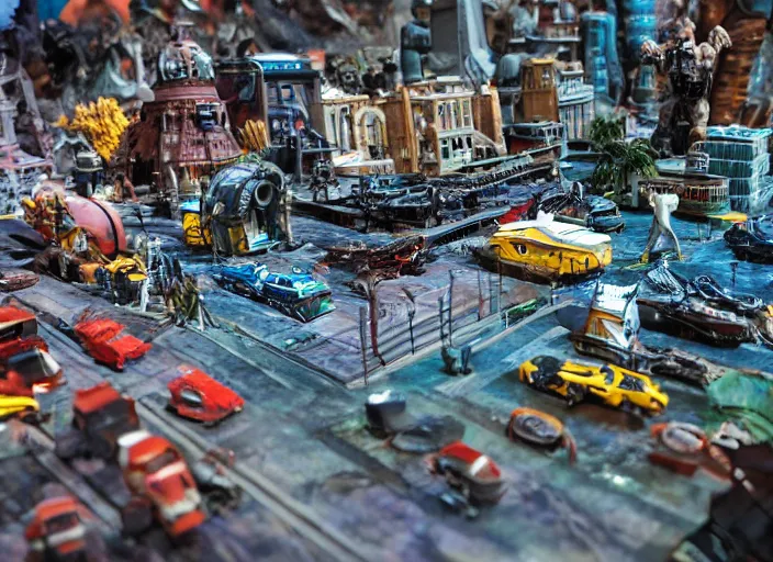 Image similar to a photo of a grand scale diorama with sci - fi vehicles and buildings and characters, macro photography