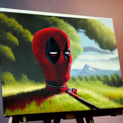 Image similar to a closeup photorealistic photograph of bob ross working on a canvas painting of deadpool. film still. brightly lit scene. mountains and trees. this 4 k hd image is trending on artstation, featured on behance, well - rendered, extra crisp, features intricate detail, epic composition and the style of unreal engine.