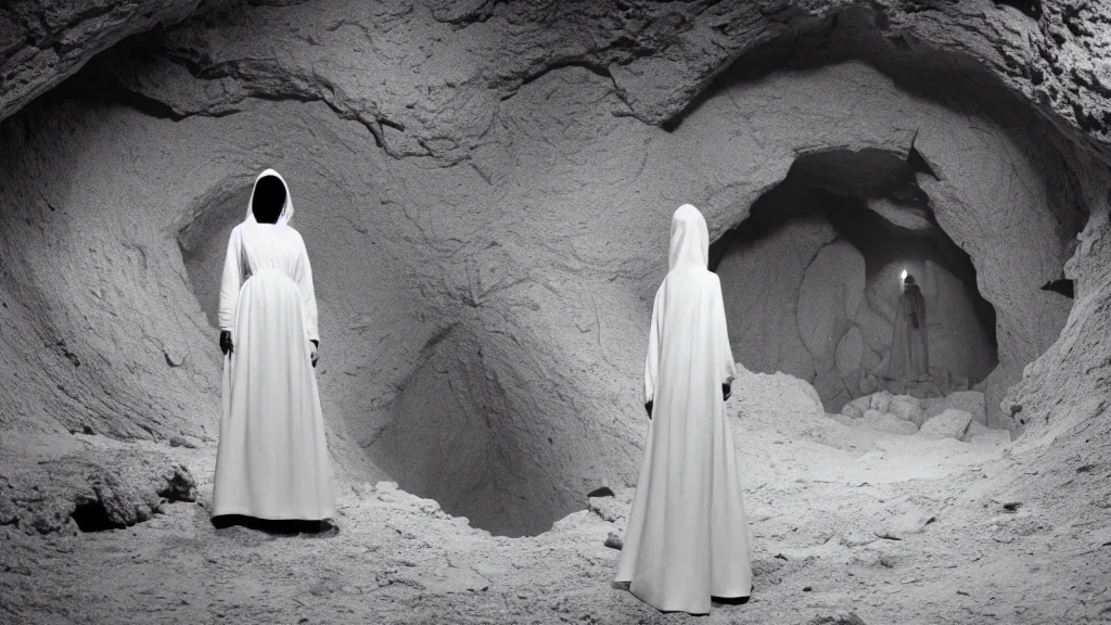 Image similar to a woman in a white gown with a knife in hand approaches a black marble cave, film still from the movie directed by ari aster with art direction by Zdzisław Beksiński, wide lens