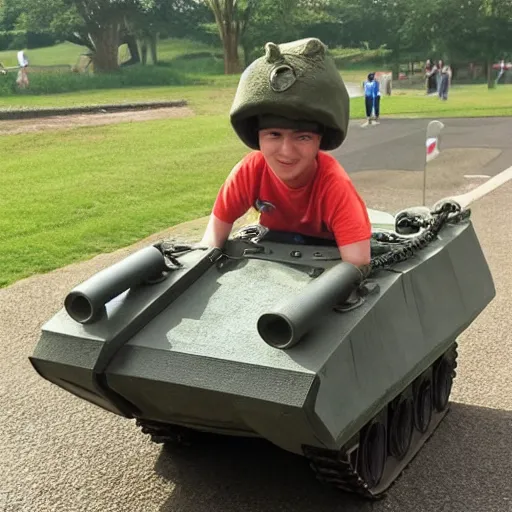 Prompt: a boy cosplaying as a tank