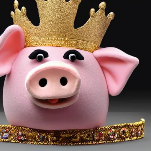 Image similar to pig wearing a gold crown as a Muppet holding a bowl 8k