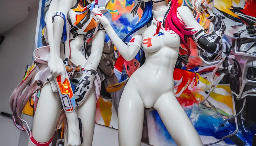 Image similar to extremely beautiful photo of a white marble statue of an anime girl with colorful motocross logos and motorcycle helmet with closed visor, standing in an airy light fashion boutique, large space, colorful smoke in the background, carved marble statue, fine art, neon genesis evangelion, virgil abloh, offwhite, denoise, highly detailed, 8 k, hyperreal