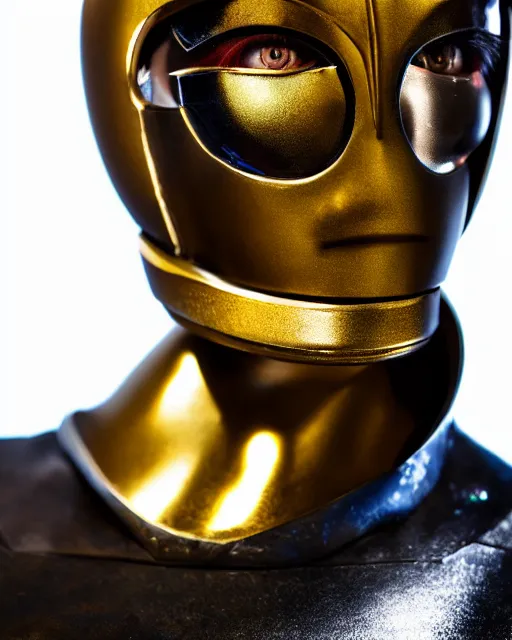 Image similar to realistic photo portrait of a metal sentai woman with human head, studio lighting, 1 5 0 mm