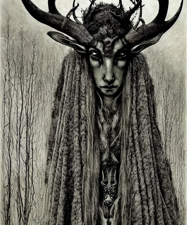 Image similar to A detailed horned antelopewoman stands by the forest. Wearing a ripped mantle, robe. Perfect faces, extremely high details, realistic, fantasy art, solo, masterpiece, art by Zdzisław Beksiński, Arthur Rackham, Dariusz Zawadzki