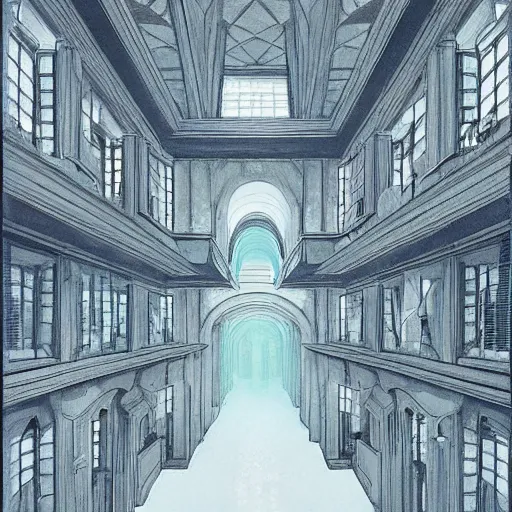 Image similar to a flood of slime in a bright white hallway with many doors and many stairs, Mc Escher architecture, epic composition, by Makoto Shinkai