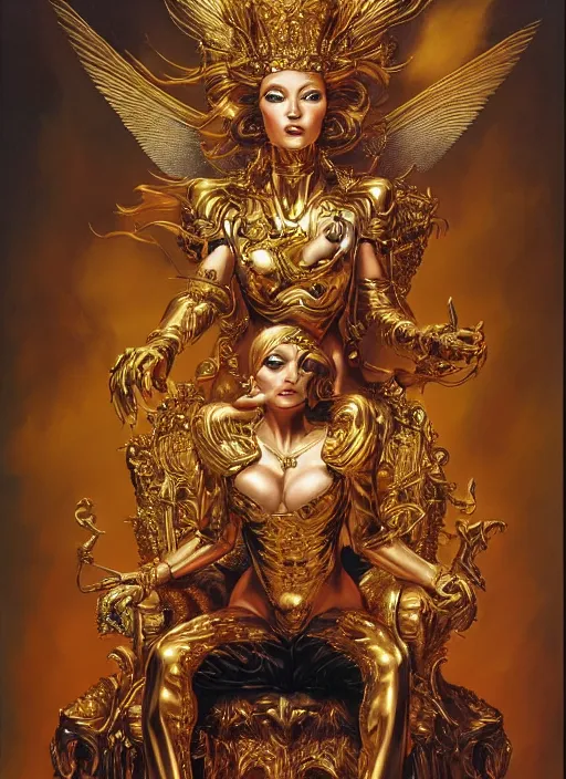 Image similar to airbrush painting of an amazing golden queen seated over a fantasy throne, by hajime sorayama and boris vallejo, realistic, hyperdetailed, centered, fantastic, masterpiece, trending on artstation,