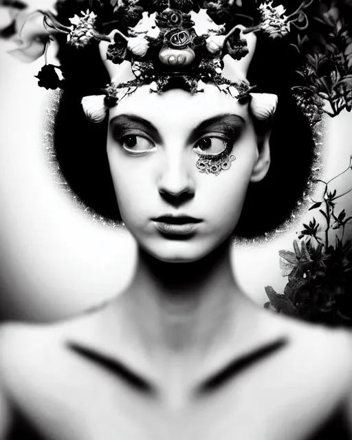 Prompt: a black and white high quality dreamy photo of a young beautiful female queen-pale dragon-vegetal-flower-cyborg bust with a very long neck and a steampunk flower crown, elegant, highly detailed, poetic, soft, dreamy, mysterious, high fashion, in the style of Horst P. Horst, Realistic, Refined, Digital Art, Highly Detailed, Cinematic Lighting, rim light, black and white, photo-realistic, 8K