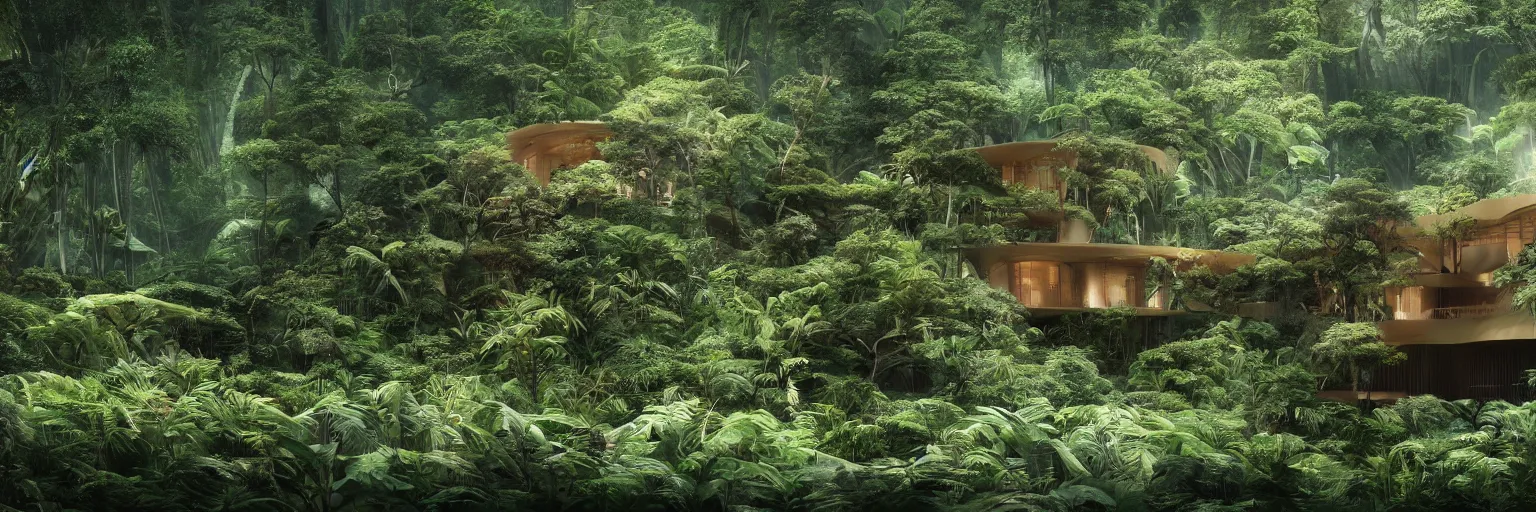 Prompt: A spatially unique living environment influenced by Japanese metabolism architecture somewhere in the rainforest. The structure is wrapped in a protective cellmembran like shell which makes it one cohesive form. Imagined by Renzo Piano. Caught in the flow of time. Sense of awe. Atmospheric. Cinematic. Mist. Color scheme red, gold, green gradient. Wide shot. Octane render. Matte painting in the style of Sparth, Craig Mullins, Pascal Blanche