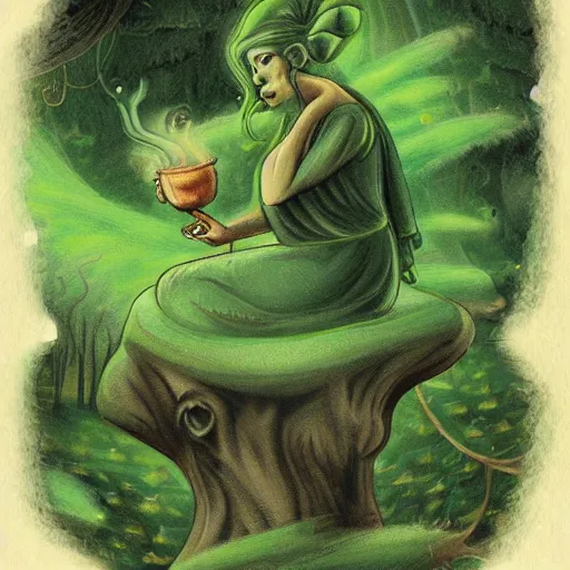 Image similar to a green genie surrounded by forest, fantasy illustration