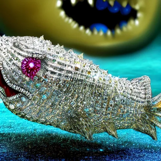 Image similar to A diamond encrusted killer fish with jeweled teeth, very scary