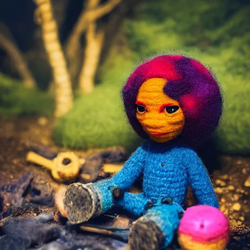 Prompt: a wide angle portrait of a black boy with a colorful afro, sitting by a campfire in the candy forest, by goro fujita, mark ryden, felt texture, bokeh!, volumetric wool felting, radiant light, amigurumi, macro photography, miniature world, depth of field, breathtaking landscape, detailed environment