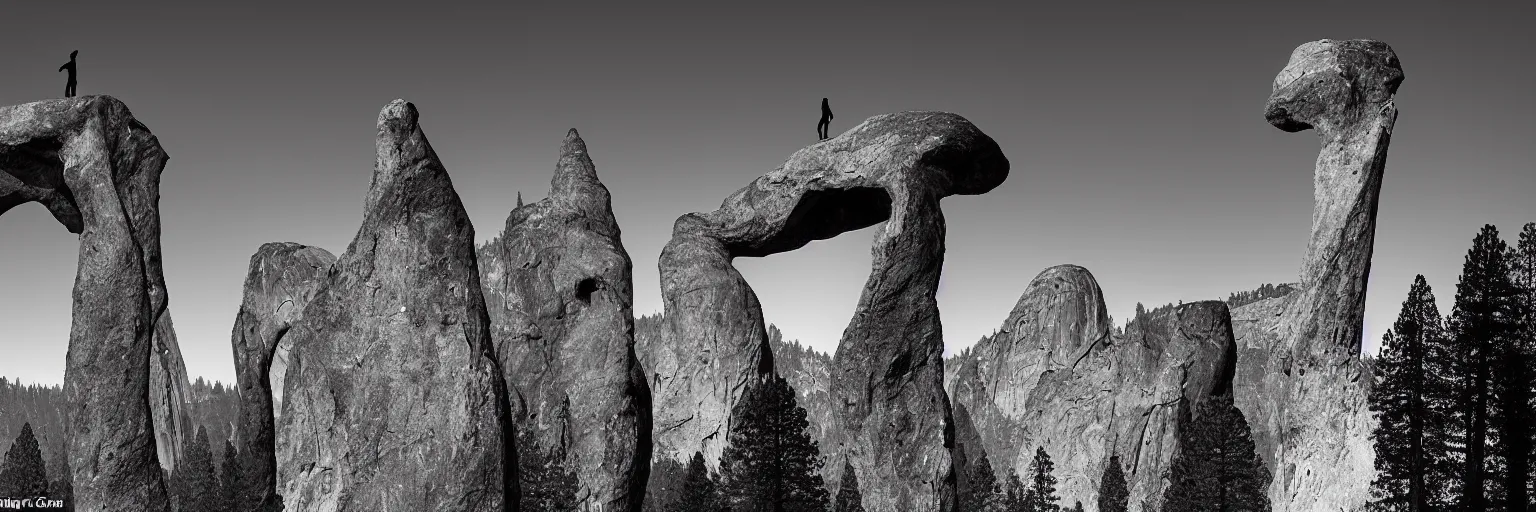 Image similar to to fathom hell or soar angelic, just take a pinch of psychedelic, medium format photograph of two colossal minimalistic necktie sculpture installations by antony gormley and anthony caro in yosemite national park, made from iron, marble, and limestone, granite peaks visible in the background, taken in the night