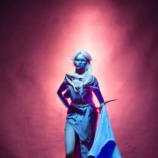 Prompt: Award-winning photograph of a beautiful young female drow wizard, dramatic lighting