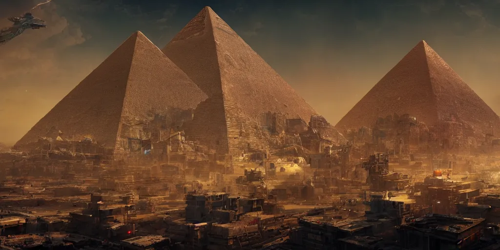 Prompt: cyberpunk egiptian pyramid overview, Greg Rutkowski, 3d scene, trending on Artstation, 8K, ultra wide angle, pincushion lens effect.