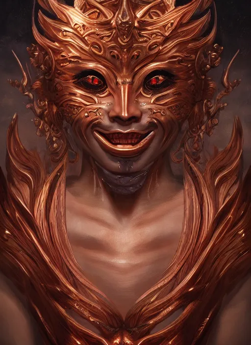 Prompt: a beautiful detailed oil on copper art illustration of a japanese namanari mask devil woman, centered, by charlie bowater, zeng fanzh, trending on artstation, dim dusk lighting, cinematic lighting, detailed lighting, volumetric lighting, realistic, f 8, 4 k hd wallpaper