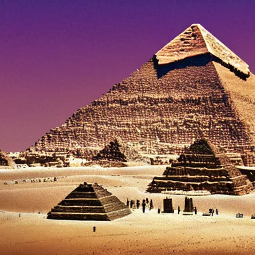 Prompt: the aliens using their ufo's to deliver the pyramid of giza