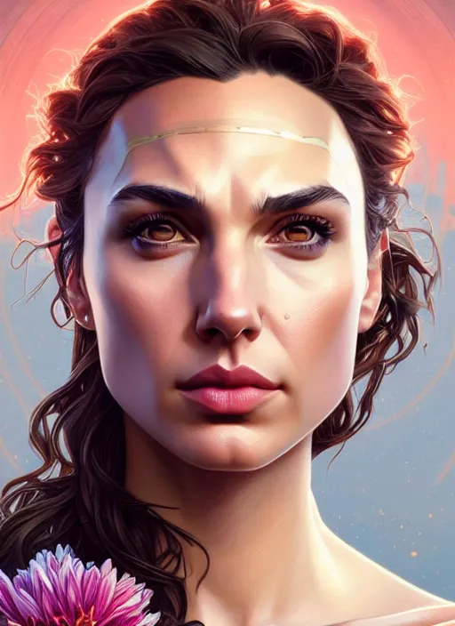 Image similar to symmetry!! portrait of gal gadot, floral! horizon zero dawn machine, intricate, elegant, highly detailed, digital painting, artstation, concept art, smooth, sharp focus, illustration, art by artgerm and greg rutkowski and alphonse mucha, 8 k