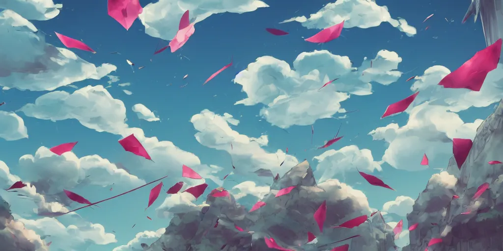 Prompt: background art of flying longswords flowing and floating through the slicing through directional wind on a simple cloudy sky background, big puffy clouds, large individual rose petals, angular background elements, polygonal fragments, anime, studio ghibli, artgerm, manga, trending on artstation, art nouveau, mature color scheme