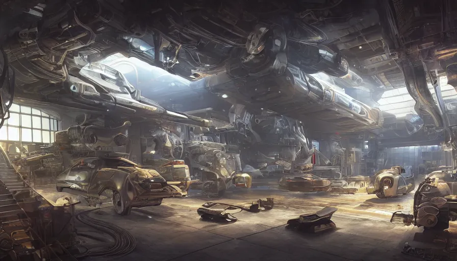 Prompt: the inside of a futuristic mechanic spaceshop coc, highly detailed interior, half - finished robot, holographic screen in center frame by peter mohrbacher, dieselpunk, cryengine render, hyper realism, realistic shading, cinematic composition, realistic render, octane render, detailed textures, photorealistic, wide shot, fanciful, colorful