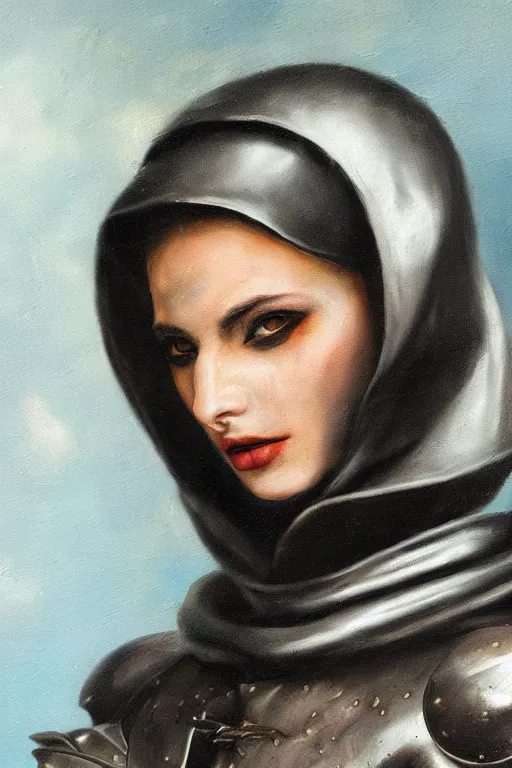 Image similar to hyperrealism oil painting, close - up portrait of european medieval brunette vampire fashion model, knight, steel gradient mixed with nebula sky, in style of baroque