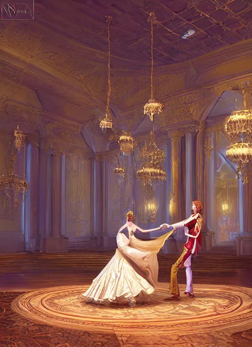 Image similar to highly detailed digital illustration of a newly married prince and princess dancing in the grand ballroom of a fantasy castle by mandy jurgens | fantasy art, cryengine, concept art, photorealism, daz 3 d, sketchfab, zbrush, vray, rule of thirds, golden ratio