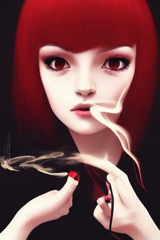 Prompt: a portrait of a beautiful woman with smoke and fire coming out of her eyes, a masterpiece by Ilya Kuvshinov