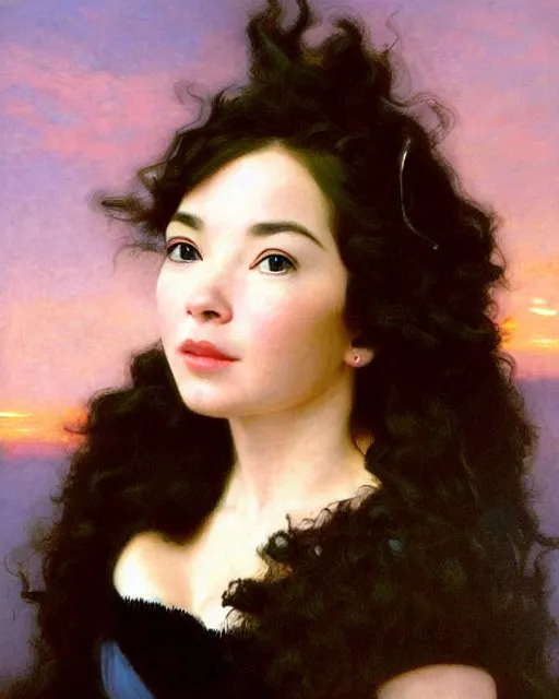 Prompt: beautiful glorious realistic oil painting of bjork, bokeh, baroque style by bouguereau, sunset, highly detailed, 8 k intricate