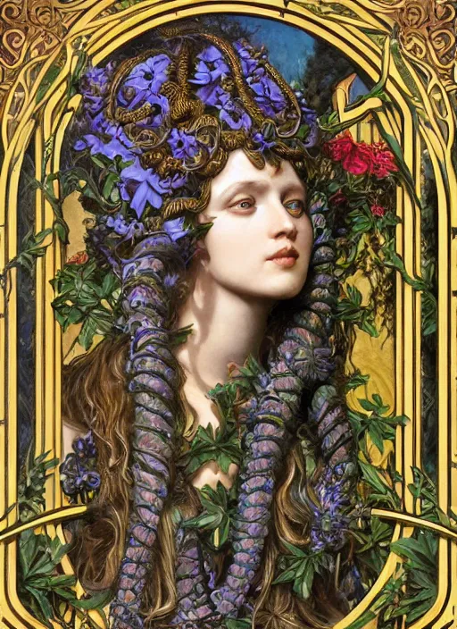 Image similar to ultradetailed ornate pre-raphaelite RPG illustration of a beautiful symmetric Medusa radiating a glowing aura wearing an art nouveau flowery armor with much decorum, digital airbrush painting, 3d rim light, hyperrealistic masterpiece, artstation, cgsociety, kodakchrome, golden ratio