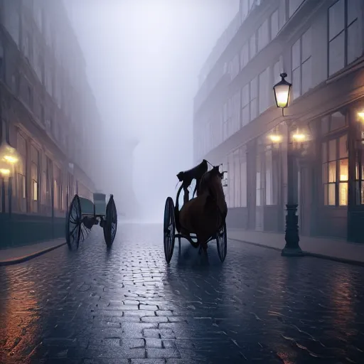 Prompt: Misty Victorian London street, gas lanterns, horse drawn carriages, heavy mist, soft lighting, realistic octane render, 8k