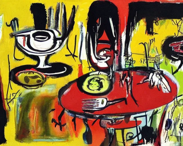 Prompt: painting of a dinner table with food by graham sutherland, basquiat!!, neo - expressionism, muted colors!