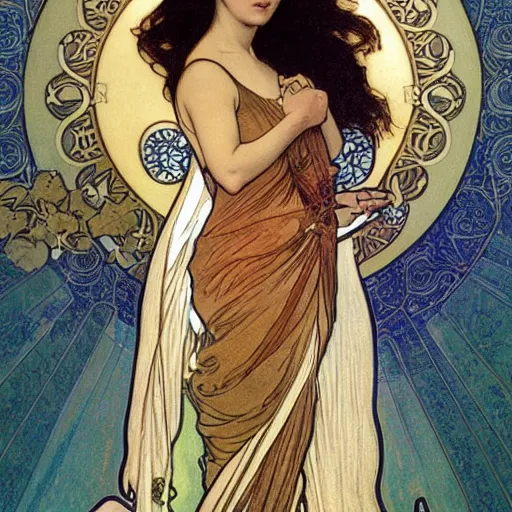 Image similar to sandra oh portrait by louis - theophile hingre and alphonse mucha, realistic, sharp focus, zodiac signs, tarot cards, planets, ethereal, art nouveau, magic, moon, sun, crown, dreamy, royal, jewellery