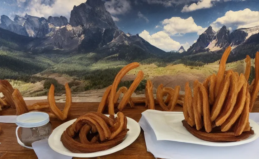 Prompt: a mountain landscape made out of churros