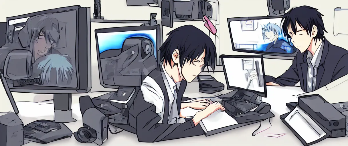 Image similar to anime drawing, a man at a desk with ten different computer monitors, his face flat on the keyboard, sound asleep